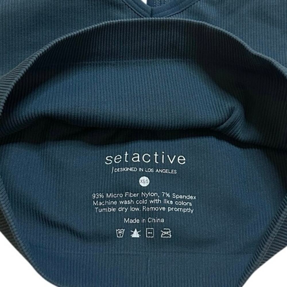 SET Active SCULPTFLEX Ribbed V Bra Model Off Duty Pilates Gym Top Teal Blue XS/S - Picture 3 of 4